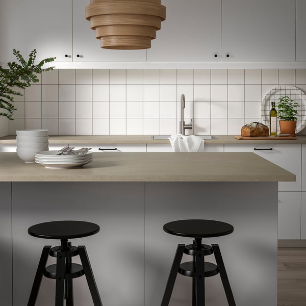 EKBACKEN Worktop, grey-beige stone effect/laminate, 186x2.8 cm