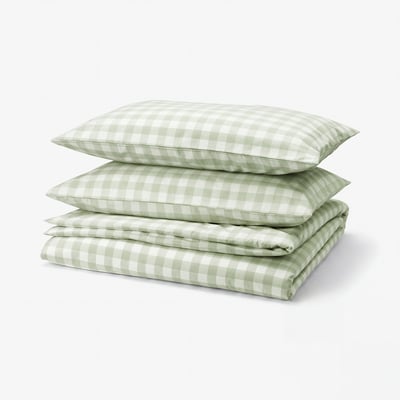 EKTANDVINGE Duvet cover and 2 pillowcases, pale grey-green white/check, 240x220/50x80 cm