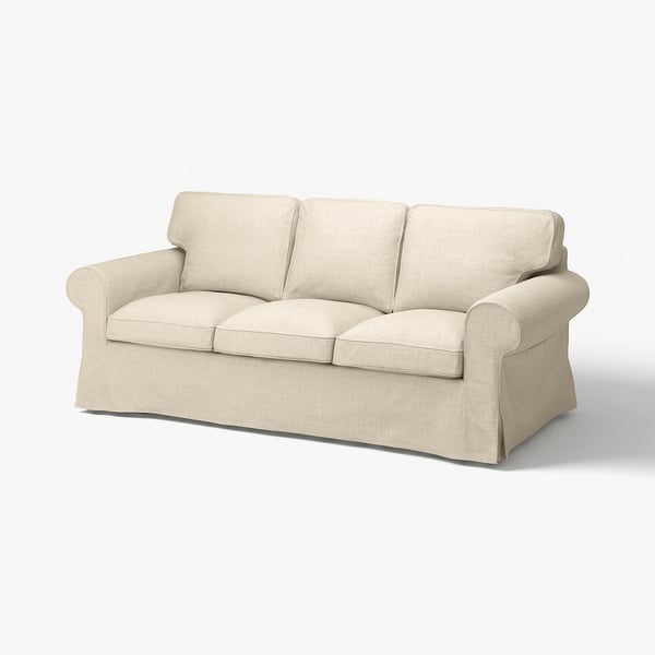 Beige EKTORP sofa with kilanda fabric, soft texture, rolled arms.