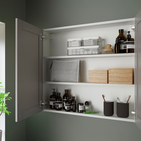 ENHET Mirror cabinet with 2 doors, white/grey frame, 80x17x75 cm