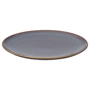 FÄRGKLAR blue stoneware plate, simple design, rounded shape, textured glaze.