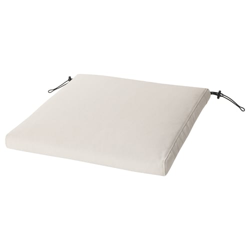 A beige, rectangular outdoor cushion named FRÖSÖN with elastic straps for securing it to a chair. Its designed for comfort and easy cleaning.