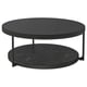 Round black coffee table with smoked glass top and marble-effect bottom shelf, supported by sleek metal legs.