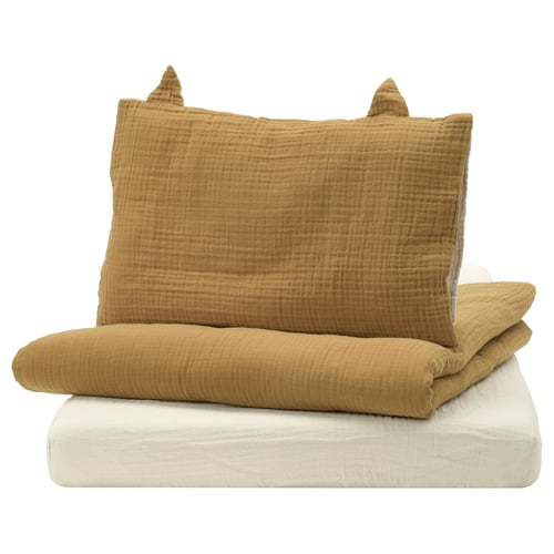 Yellow GULDVÄVARE bed set, organic cotton, textured duvet, playful ears.