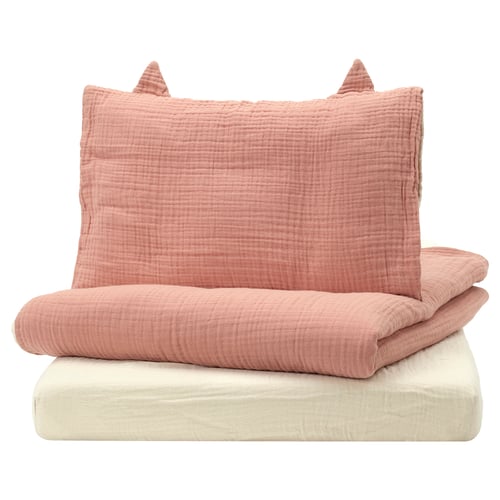 GULDVÄVARE baby bedding set, pink, soft organic cotton, ear-shaped pillow.