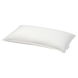 A white GULKAVLE pillow with a soft, formable shape, filled with recycled feathers and down for comfy support. Its designed for stomach sleepers.