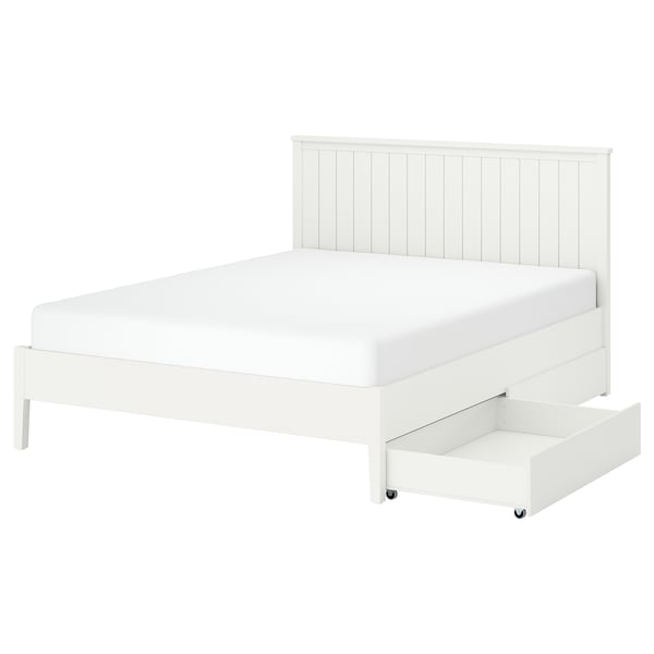 White wooden bed frame with high headboard, 2 storage drawers, solid wood & acrylic paint.