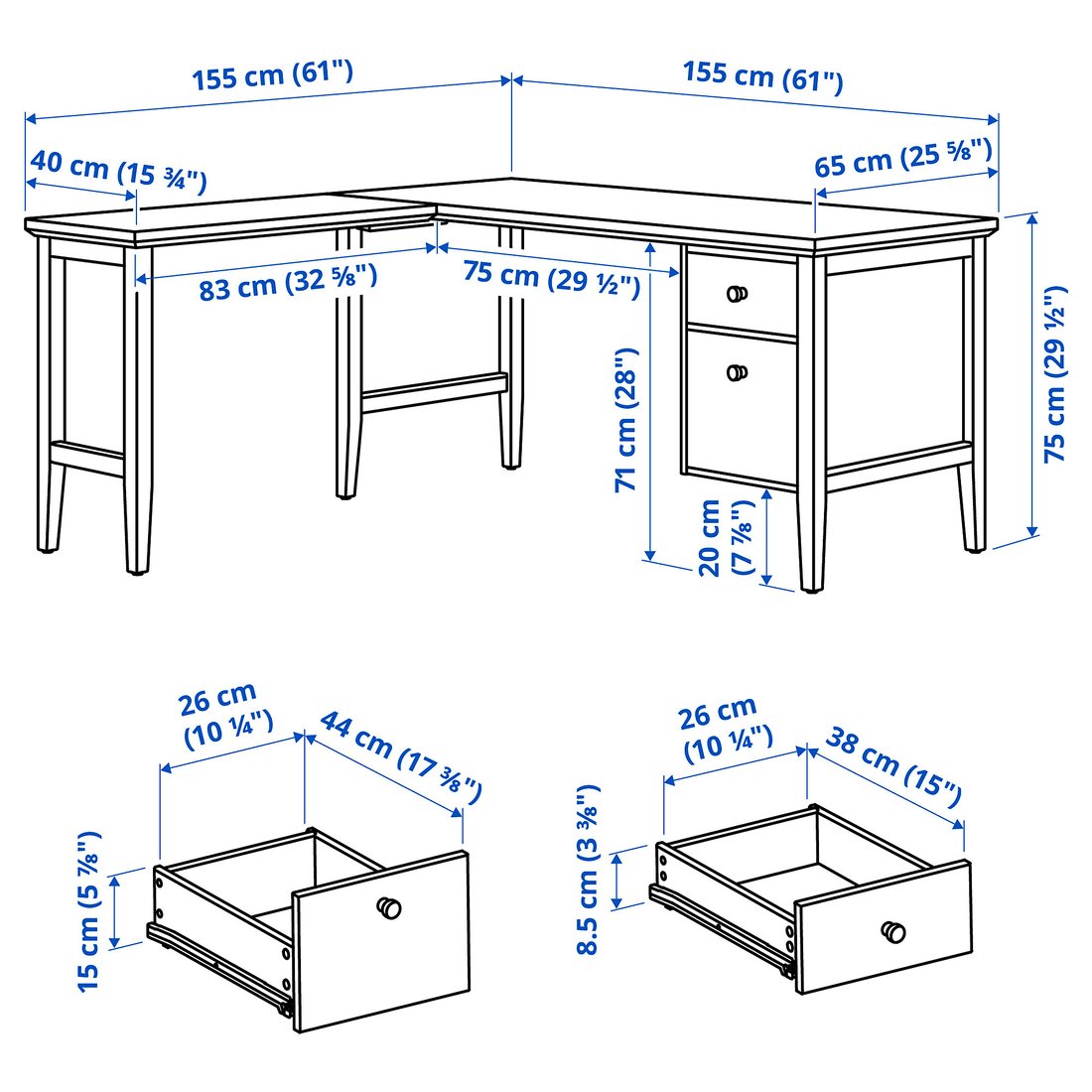 GULLABERG L-shaped desk, drop file storage/white, 155x155x75 cm - IKEA
