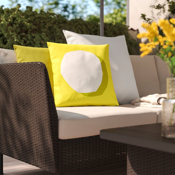 GULLBERGSÖ / HJÄRTERÖ Cushion, set of 3, mixed sizes bright yellow/white/off-white out/indoor