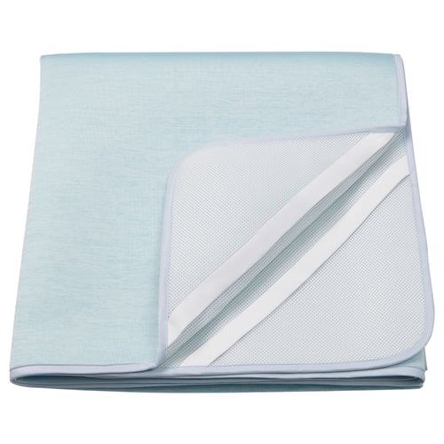 Light blue mattress protector with mesh cooling surface.