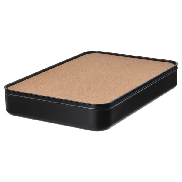 A black HARVMATTA organiser box with a cork lid, rectangular shape, and sturdy metal base.