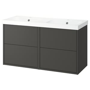 A grey HAVBÄCK double basin bathroom vanity with sleek design and four drawers.