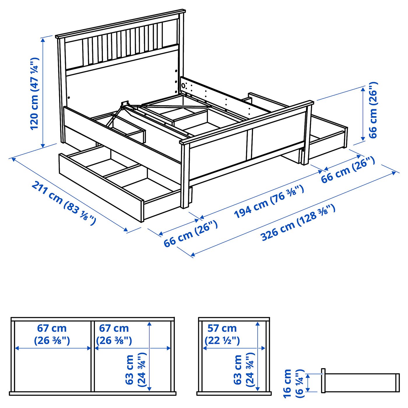 HEMNES هيكل سرير+4 صناديق تخزين - رمادي مصبوغ/Lönset u200e180x200 سمu200f