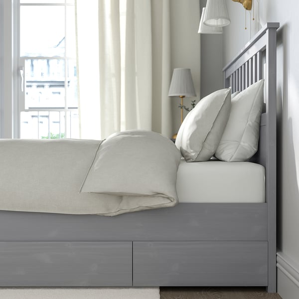 HEMNES Bed frame with 4 storage boxes, grey stained/Luröy, 140x200 cm