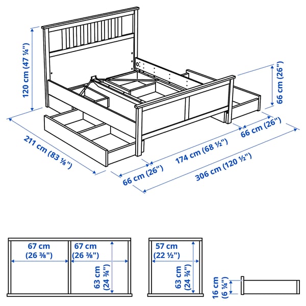 HEMNES Bed frame with 4 storage boxes, grey stained, 160x200 cm
