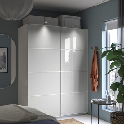 HOKKSUND 4 panels for sliding door frame, high-gloss light grey, 75x201 cm