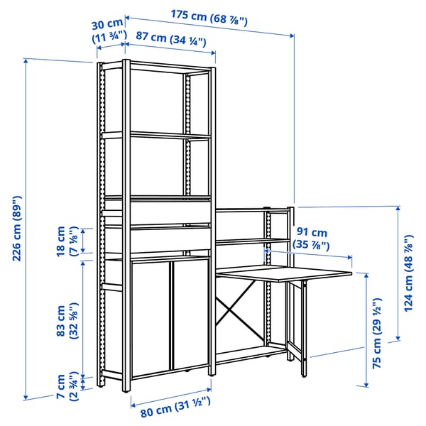 IVAR 2 sec/storage unit w foldable table, pine, 175x30x226 cm