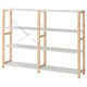 An IVAR storage unit in white with wooden posts. It four shelves and a sturdy design.