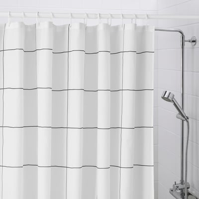 JÄMTSTARR Shower curtain, white/check, 180x200 cm