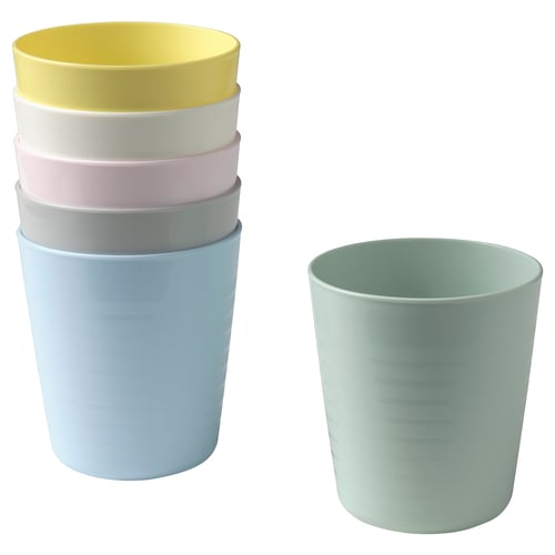 Six colourful cups stacked and one separate. Bright colours, cylindrical shape, plastic material. Ideal for children, easy to grip.