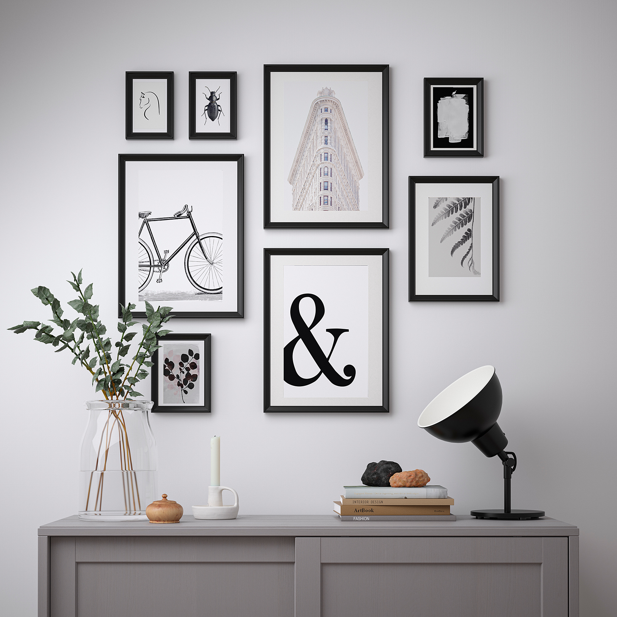 KNOPPÄNG Frame with poster, set of 8, Objects in black and white IKEA