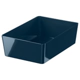 A KUGGIS box in dark blue, rectangular in shape, made of recycled pet plastic for organising items.