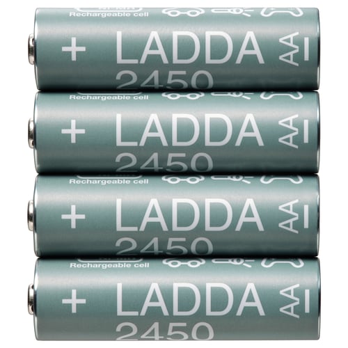 Four teal LADDA 2450 batteries stacked, pet plastic and steel.