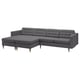 Dark grey l-shaped fabric sofa with wooden legs, plush cushions, and clean lines.