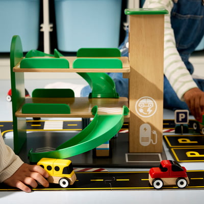 LILLABO 4-piece vehicle set, sports car/school bus recycling truck/police car/multicolour