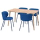 A modern dining set named LISABO with a light wooden table and blue fabric chairs.