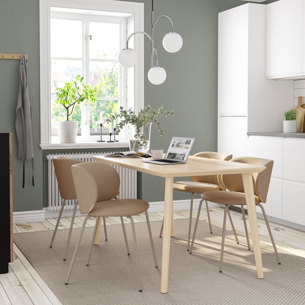 LISABO dining set: ash table under window, laptop, 4 beige chairs, 3 pendant lamps, plants.