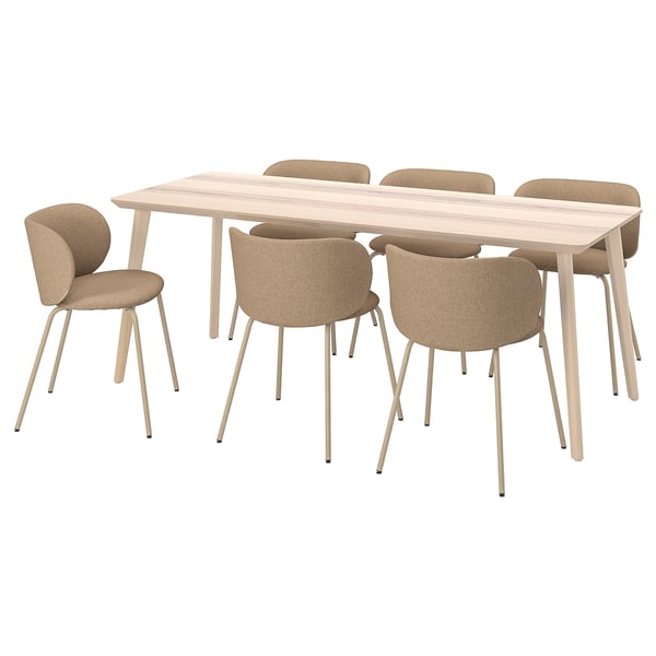 The LISABO dining set. It includes a light brown ash veneer table with four matching upholstered chairs in beige.
