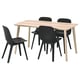 A LISABO dining set with a light wood table and four black chairs. The chairs have curved seats and backs for comfort.