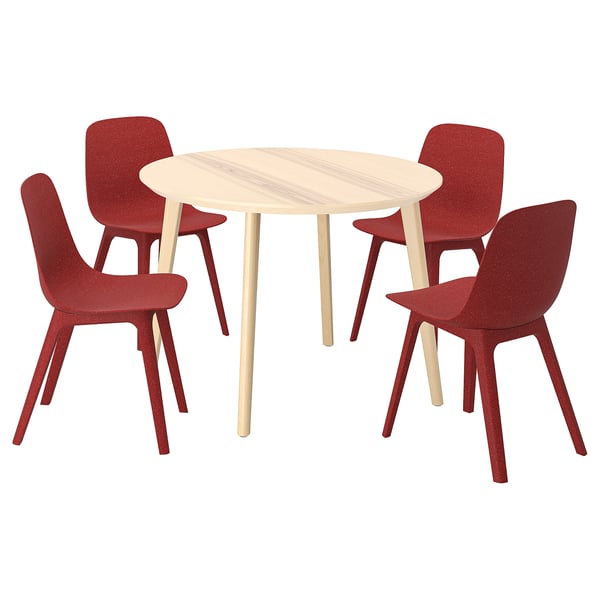 LISABO: round dining set with 4 red wooden chairs.