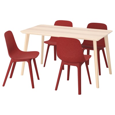 Modern light wood dining table with four red fabric chairs. Clean, simple design.