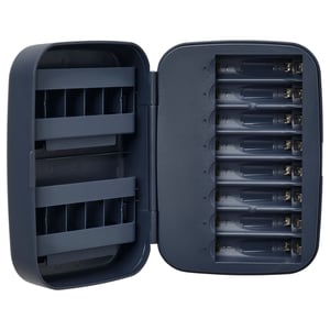 An open grey LITOSFÄR battery charger with slots for 8 rechargeable batteries.