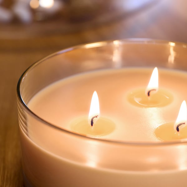 LOTSFÅGEL Scented candle in glass, 3 wicks, Peach light orange, 25 hr