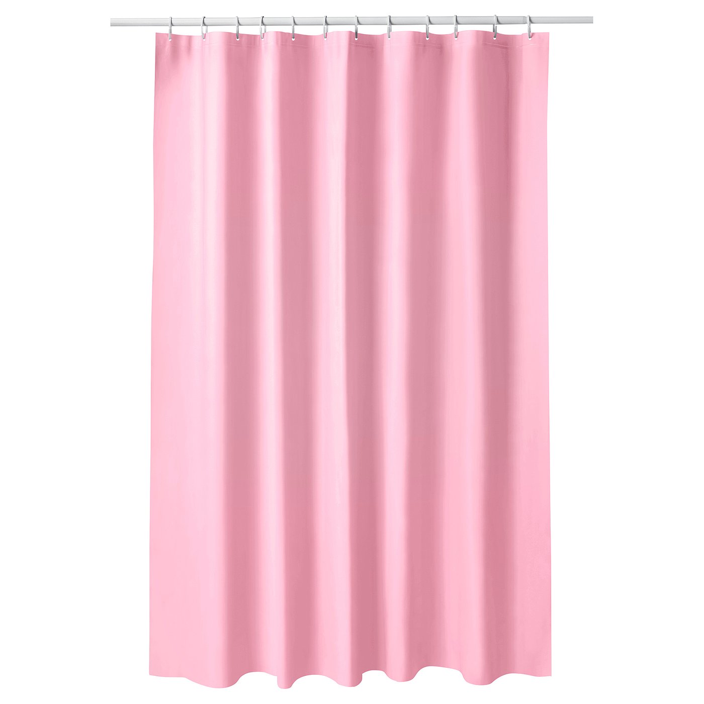 Light pink solid shower curtain with scalloped edge, hanging straight, made of eva plastic.