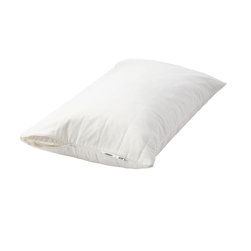 A white LUDDROS pillow protector, rectangular with a zip, designed to keep pillows clean and stain-free, made of polyester and cotton material.