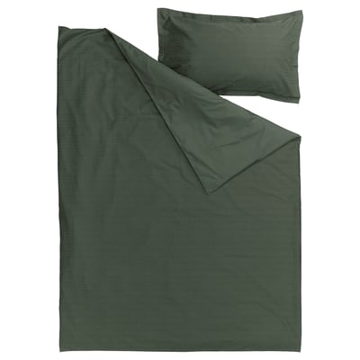 Dark green duvet cover and pillowcase set with textured waffle weave, made of 100% soft cotton.