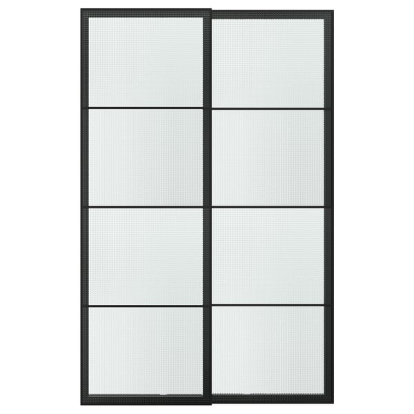 LUNDBRÄSMA Pair of sliding doors, black/checkered glass, 150x236 cm