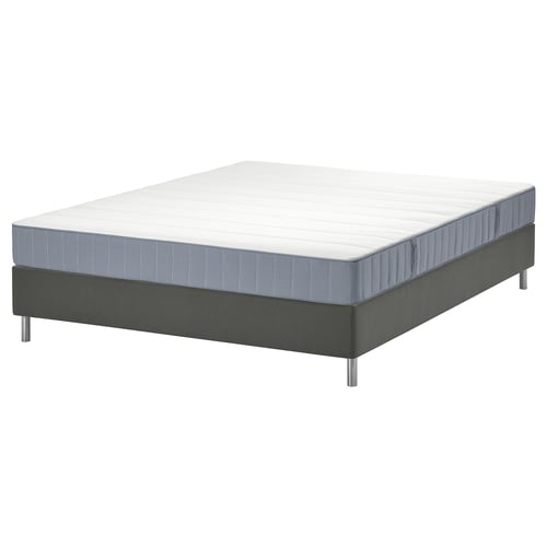 LYNGÖR mattress and base. White top, grey sides, rectangular, sleek design. Made of polyester and polyurethane.