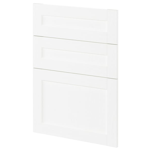 A white METOD kitchen cabinet with a subtle grain texture. It has a rectangular, flat-panel design with three sections.