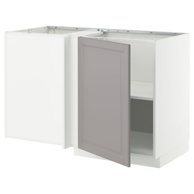 Ikea METOD white & grey kitchen cabinet with open door.