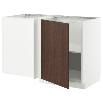 METOD Corner base cabinet with shelf, white/Sinarp brown, 128x68 cm