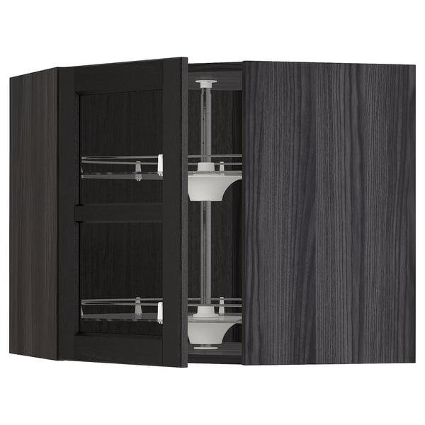 METOD Corner wall cab w carousel/glass dr, black/Lerhyttan black stained, 68x60 cm