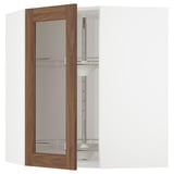 METOD Corner wall cab w carousel/glass dr, white Enköping/brown walnut effect, 68x80 cm