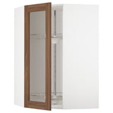 METOD Corner wall cab w carousel/glass dr, white Enköping/brown walnut effect, 68x100 cm