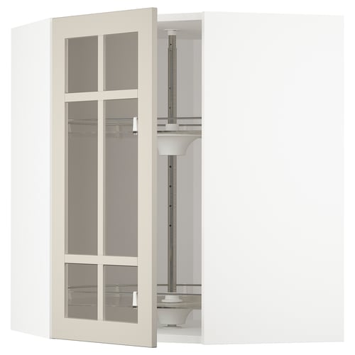 An open beige glass-fronted kitchen cabinet. It adjustable shelves and a modern design.