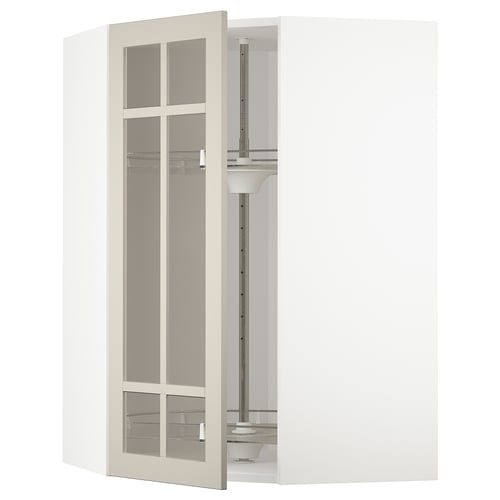 METOD kitchen cabinet with beige stensund glass door, showing interior shelves.